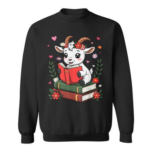 Goat Reading Book Graphic With Floral Sweatshirt - Bookorys CA