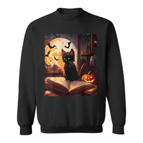 Halloween Cat Reading Books Spooky Cat Reader Teachers Sweatshirt - Bookorys DE