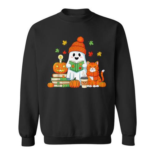 Halloween Ghost Cat Reading Book Women Girls Cute Sweatshirt - Bookorys AU