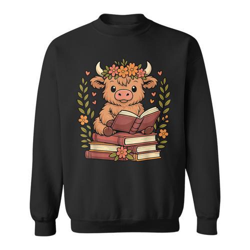 Highland Cow Reading Book Graphic Cow With Book Floral Sweatshirt - Bookorys AU