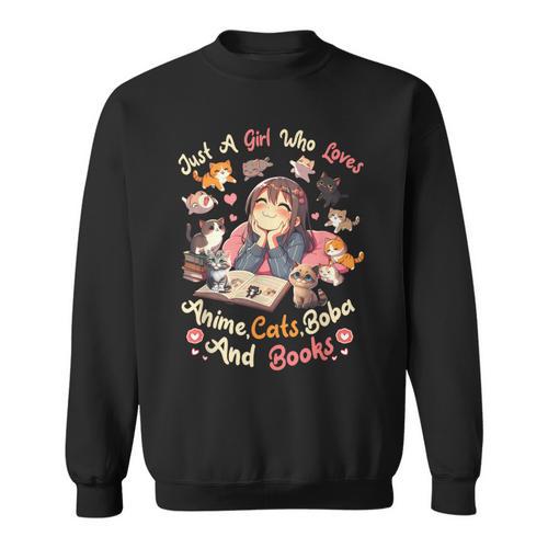 Just Girl Who Loves Anime Cats Boba And Books Bubble Tea Sweatshirt - Bookorys