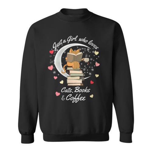 Just a Girl Who Loves Cats Books And Coffee Cartoon Cat Sweatshirt - Bookorys