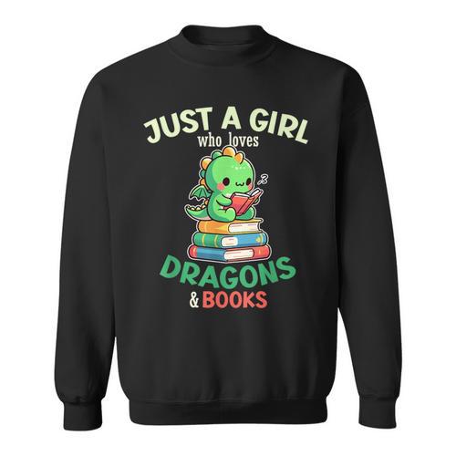 Just a Girl Who Loves Dragons & Books Book Lover Kids Nerd Sweatshirt - Bookorys AU