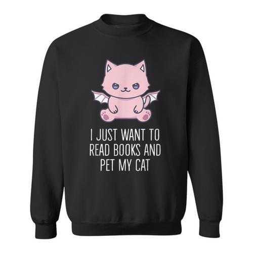 I Just Want To Read Books And Pet My Cat Pastel Goth Kawaii Men Women Kids Sweatshirt - Bookorys AU