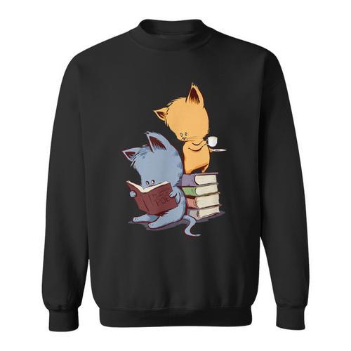 Kawaii Kittens Cats Tea And Books Cartoon Cat For Men Women Girls Kids Sweatshirt - Bookorys AU