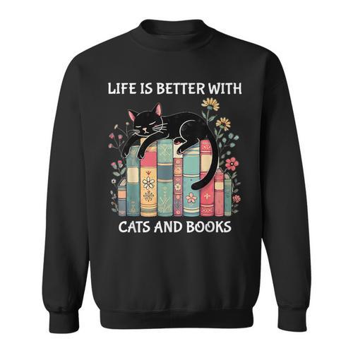 Life Is Better With Cats And Books Cute Cat Lover Sweatshirt - Bookorys