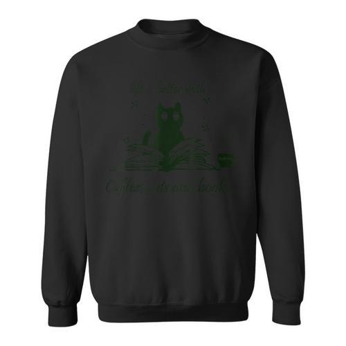 Life With Book Reading Cats And Coffee Ironic Kitty Sweatshirt - Bookorys AU