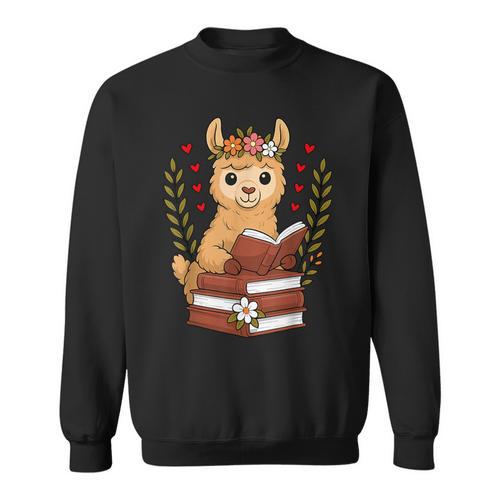 Llama Reading Book Graphic Llama With Book Floral Sweatshirt - Bookorys AU