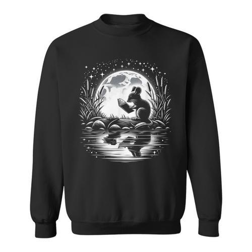 Mouse Reading Book Full Moon Lake Scenery Sweatshirt - Bookorys UK