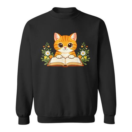 Orange Cat Reading Book Flowers Sweatshirt - Bookorys AU