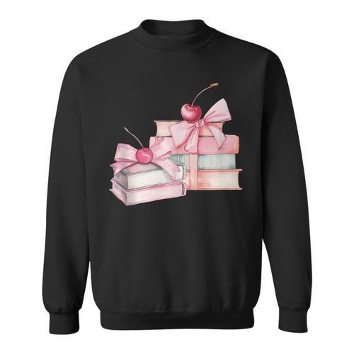 Pink Bow Books And Cherries For Book Lover Girl Women Sweatshirt - Bookorys DE