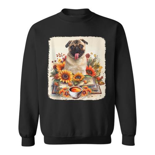 Pug Reading Books Sunflowers With Coffee Lover Owner Sweatshirt - Bookorys DE