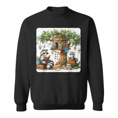 Raccoon Family Reading Around Treetop Home Books Adventure Sweatshirt - Bookorys