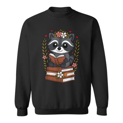 Racoon Reading Book Graphic Racoon With Book Floral Sweatshirt - Bookorys CA
