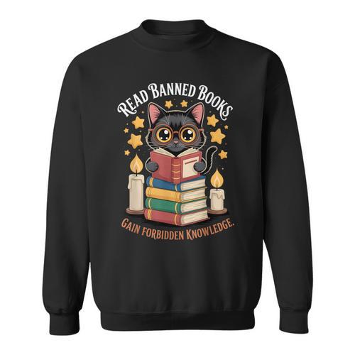Read Banned Books Gain Forbidden Knowledge Cute Cat Reader Sweatshirt - Bookorys