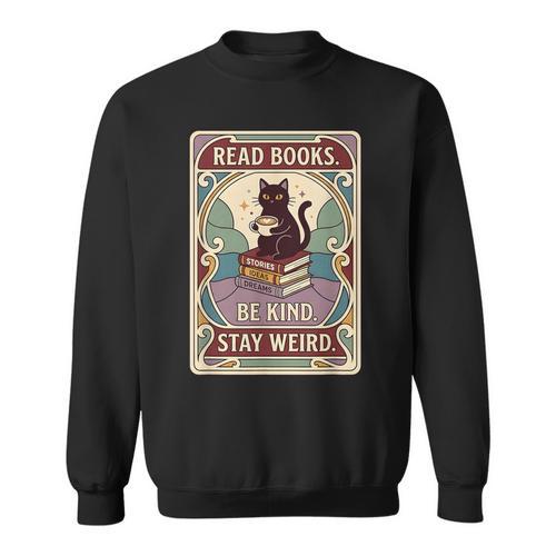 Read Books Be Kind Stay Weird Cat Tarot Card Coffee Reading Sweatshirt - Bookorys
