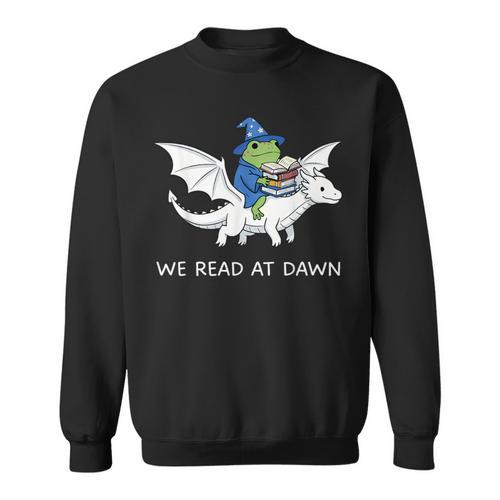 We Read At Dawn Bookish Frog Wizard Reading Sweatshirt - Bookorys