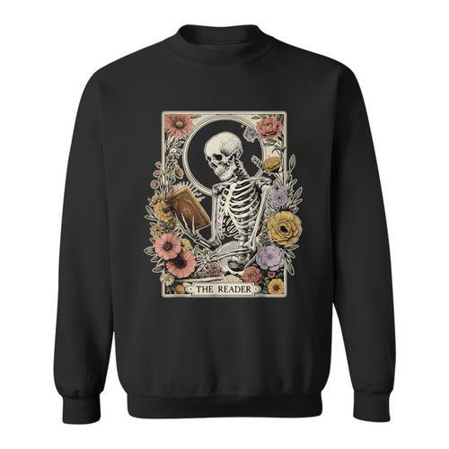The Reader Tarot Card Skeleton Reading Book Sweatshirt - Bookorys