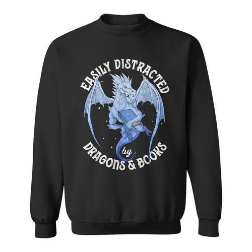 Reading Dragon Easily Distracted By Books Lover Bookworm Sweatshirt - Bookorys AU