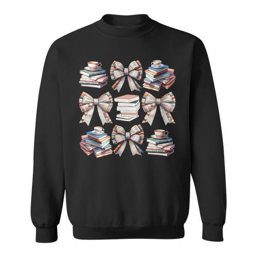 Retro Coquette Bows Book Coffee Bookworm Librarian Book Nerd Sweatshirt - Bookorys