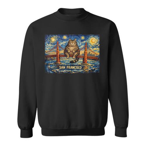 San Francisco Cat Golden Gate Bridge Starry Night Book Lover Sweatshirt - Bookorys AU