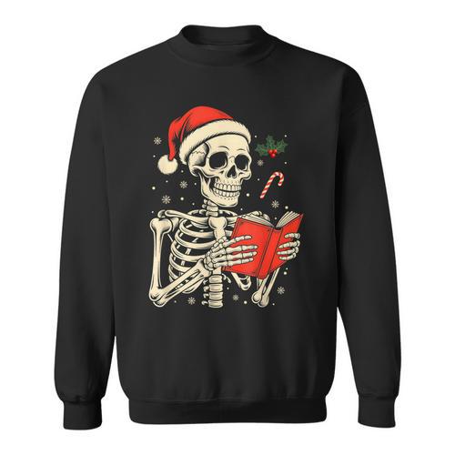 Skeleton Reading Book Christmas Teacher Librarian Book Lover Sweatshirt - Bookorys DE