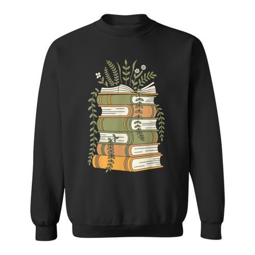 Stacked Books Botanical Vines Cottagecore Illustration Sweatshirt - Bookorys AU