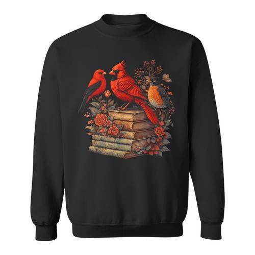 Vintage Birds Cottagecore Floral Books Cardinal Bird Lovers Sweatshirt - Bookorys