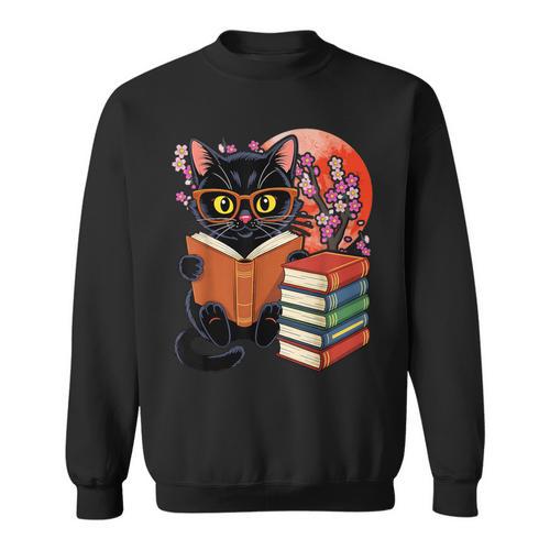 Vintage Japanese Cat Book Lovers Librarian Dad Teacher Sweatshirt - Bookorys AU