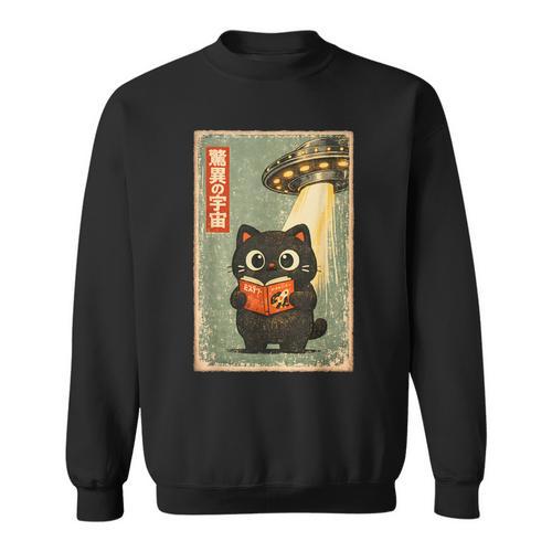 Vintage Japanese Cat Book Lovers UFO Alien Abduction Cat Dad Sweatshirt - Bookorys