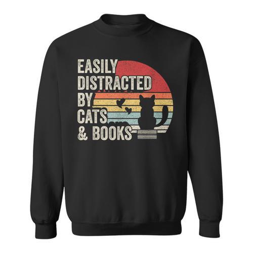 Vintage Retro Easily Distracted By Cats And Books Sweatshirt - Bookorys AU