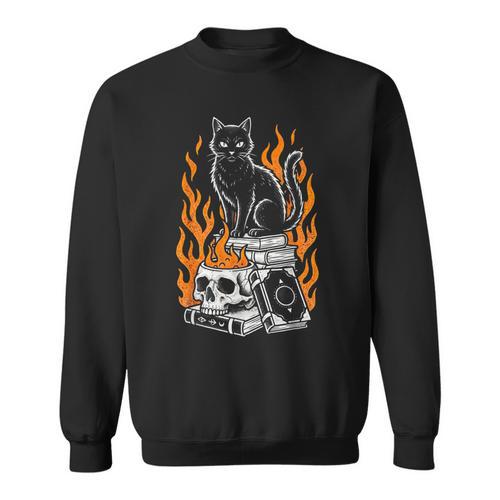 Witchy Creepy Goth Cat Skull Flames Occult Magic Books Sweatshirt - Bookorys