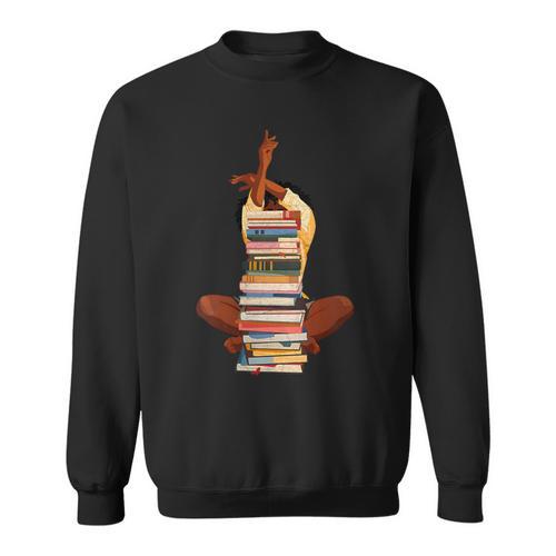 Woman And Books Stack Afro Girl Book Lover Sweatshirt - Bookorys