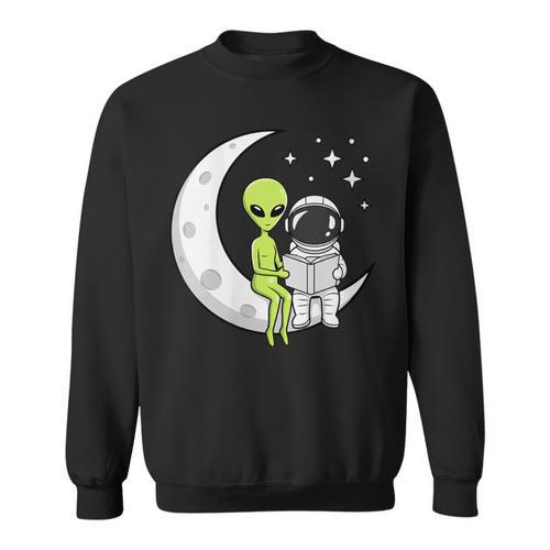Women's Alien And Astronaut Reading On Moon Kids Sci Fi Book Sweatshirt - Bookorys