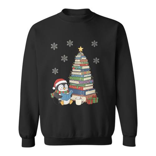 Women's Book Lovers Christmas Tree Reading Penguin Holiday Bookworm Sweatshirt - Bookorys AU