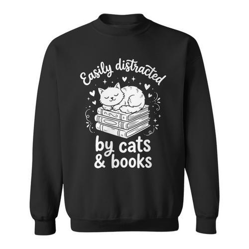 Women's Easily Distracted By Cats And Books Sweatshirt - Bookorys AU