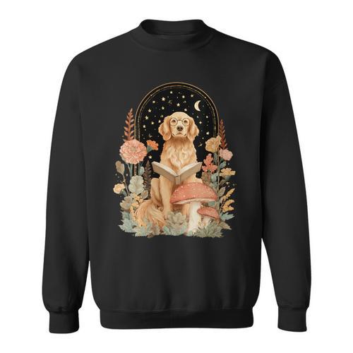Women's Mushroom Cottagecore Golden Retriever Reading Book Girls Sweatshirt - Bookorys UK