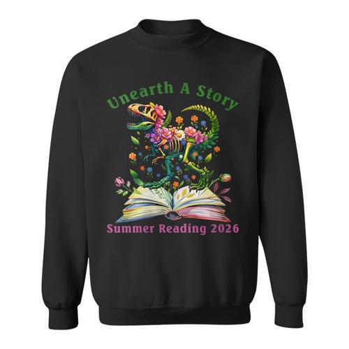 Women's Unearth A Story Summer Reading 2026 Dinosaur Book Floral Sweatshirt - Bookorys DE
