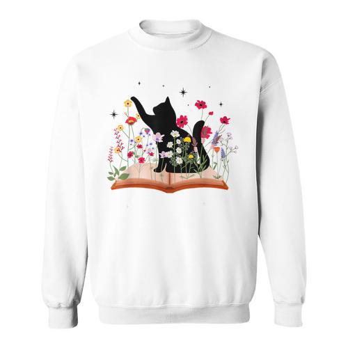 Cat Kitten Wildflower Book Pet Owner Librarian Sweatshirt - Bookorys AU