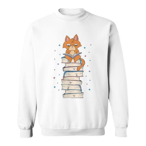 Cat Sits On Books Reading Reading Book Lover Sweatshirt - Bookorys