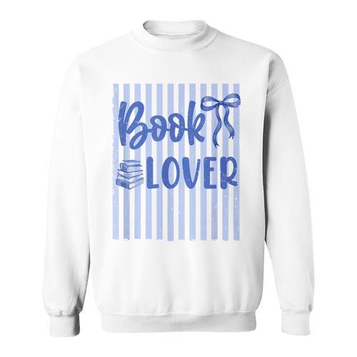 Coquette Book Lover Preppy Blue Stripes Bookworm Reading Sweatshirt - Bookorys