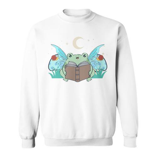 Cottagecore Aesthetic Cute Kawaii Frog Fairy Reading Book Sweatshirt - Bookorys