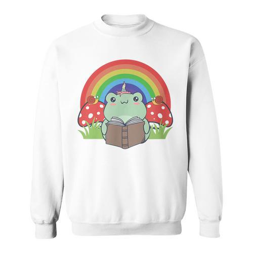 Cottagecore Aesthetic Cute Kawaii Frog Unicorn Reading Book Sweatshirt - Bookorys DE