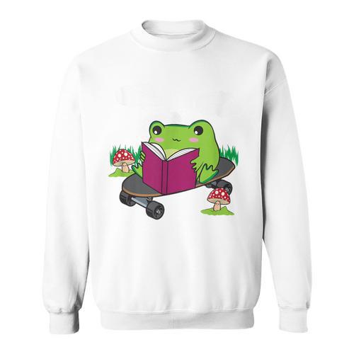 Cottagecore Aesthetic Cute Skateboarding Frog Reading Book Sweatshirt - Bookorys