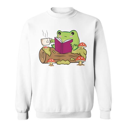 Cottagecore Aesthetic Kawaii Frog Reading Book Bookworm Sweatshirt - Bookorys CA