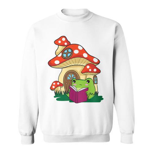 Cottagecore Aesthetic Kawaii Frog Reading A Book Mushroom Sweatshirt - Bookorys DE