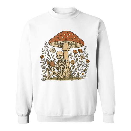 Cottagecore Skeleton Reading Books Floral Mushroom Sweatshirt - Bookorys UK