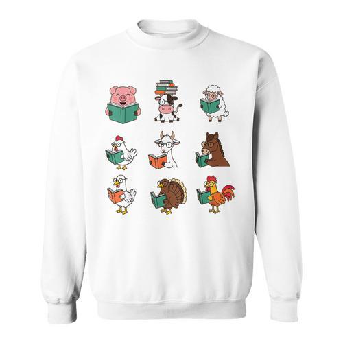 Cute Farm Animals Reading Books Teacher Library Reader Sweatshirt - Bookorys UK