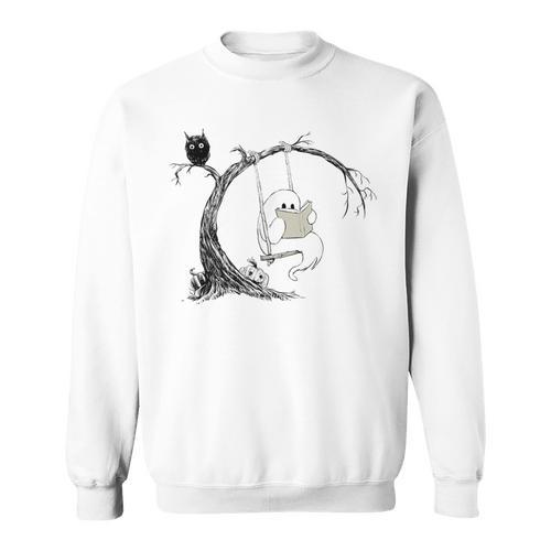 Cute Ghost Swinging Reading Book Halloween Ghost Costume Sweatshirt - Bookorys