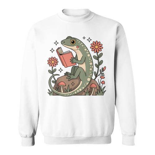 Cute Lizard Gecko Reading Book Cottagecore Aestetic Sweatshirt - Bookorys DE